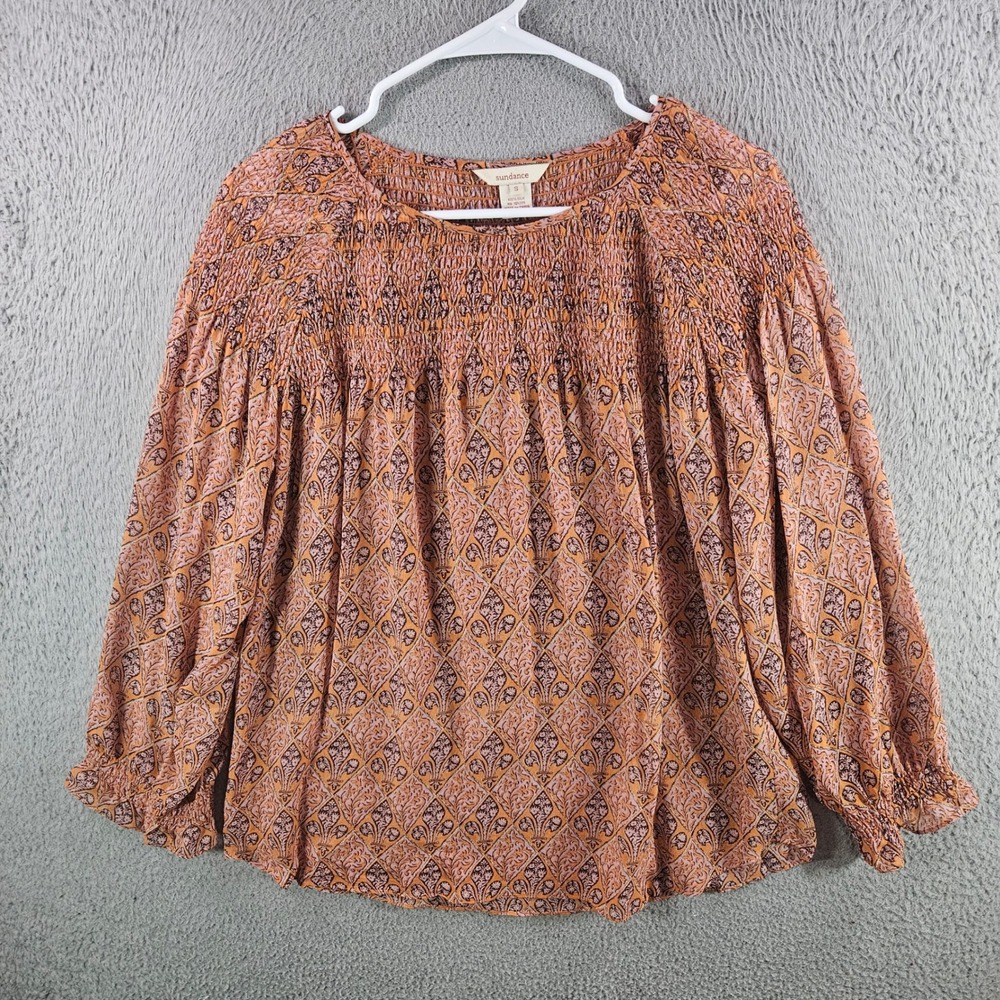 Sundance Womens‎ Silk Smocked Blouse Orange Fleur De Lis Boho Top Small